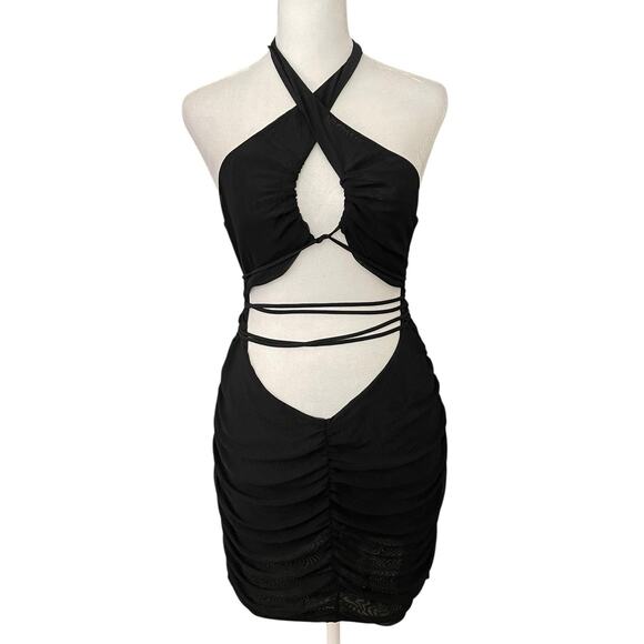 White Fox XL Mini Cutout Dress Black Ruched Strappy Sexy Club LBD Bodycon - Picture 1 of 14